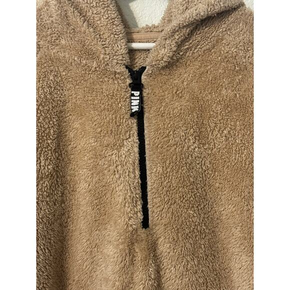 Pink Women's Sherpa Style Pull-Over Hoodie Tan Size L - Picture 3 of 8